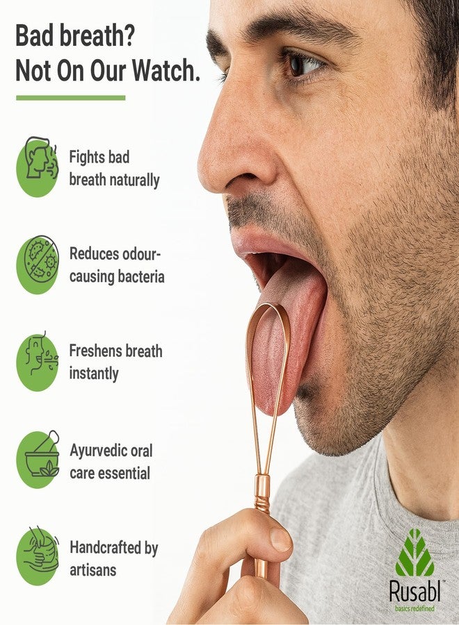 Rusabl منظف اللسان النحاسي من روسابل للرجال والنساء، لنَفَسٍ منعش وإزالة البكتيريا، وتحسين حاسة التذوق ونظافة الفم، سهل الاستخدام، مكشطة لسان نحاسية هندية نقية 100% لمنع رائحة الفم الكريهة (عبوة من قطعة واحدة) - Image 5